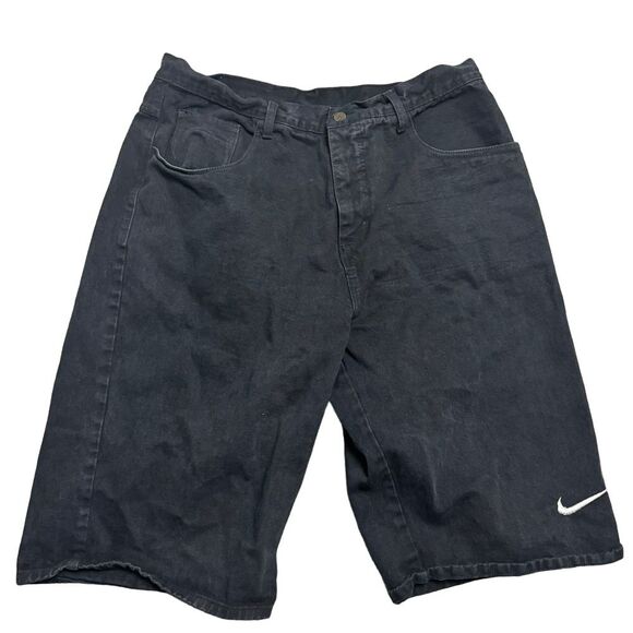 Vintage Nike Size 40 Black Denim Jean‎ Shorts Embroidered Nike Swoosh - Picture 1 of 7
